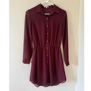 Womens Charlotte Russe Maroon Fall Cinched Waist Sheer Long Sleeves Dress Sz XS